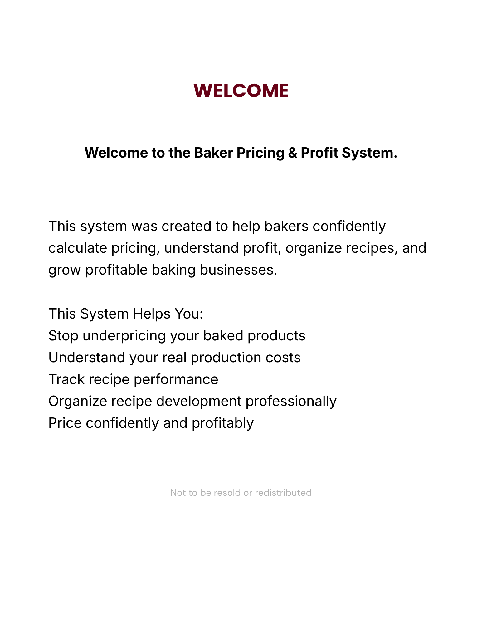 Baker Pricing and Profit System — welcome page preview