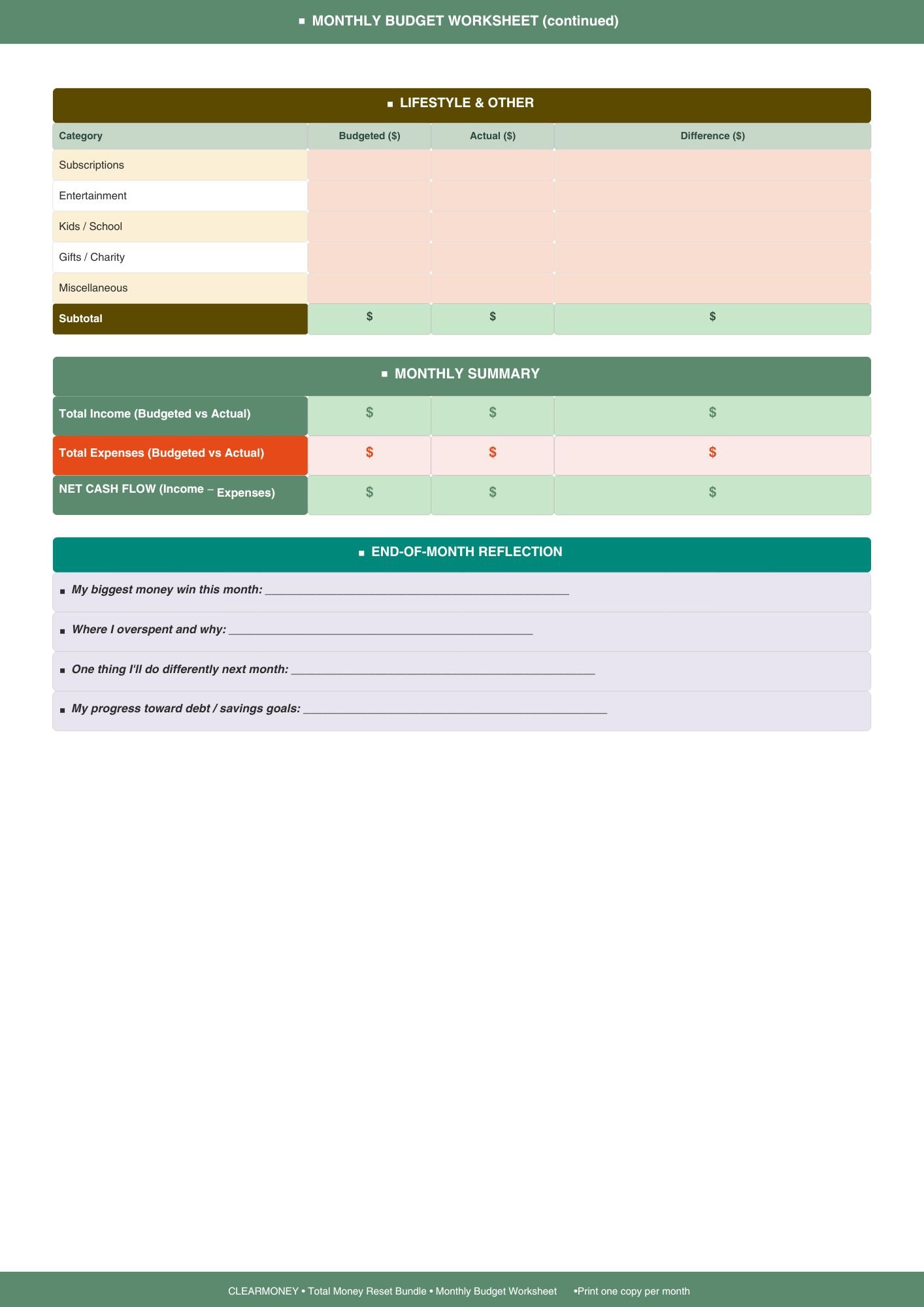 ClearMoney Total Money Reset Bundle — monthly budget worksheet preview